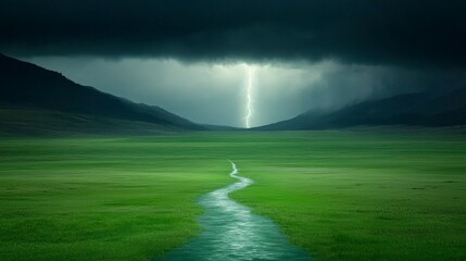 Dramatic Lightning Storm Over Green Meadow  Serene Creek  Mountains
