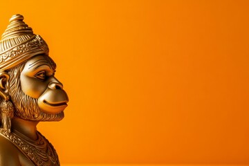 Golden hanuman statue against vibrant orange background