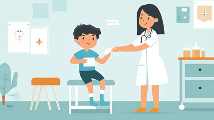 nurse is applying bandage to child scraped knee in bright, cheerful medical setting. child looks calm and reassured, while nurse provides gentle care