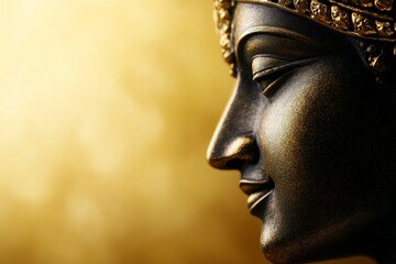 Golden buddha statue side profile with intricate headpiece