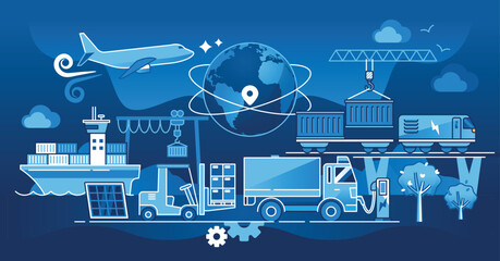 Green transport logistics focuses on eco-friendly methods. Key elements, airplane, truck, ship. Dark theme outline style illustration.