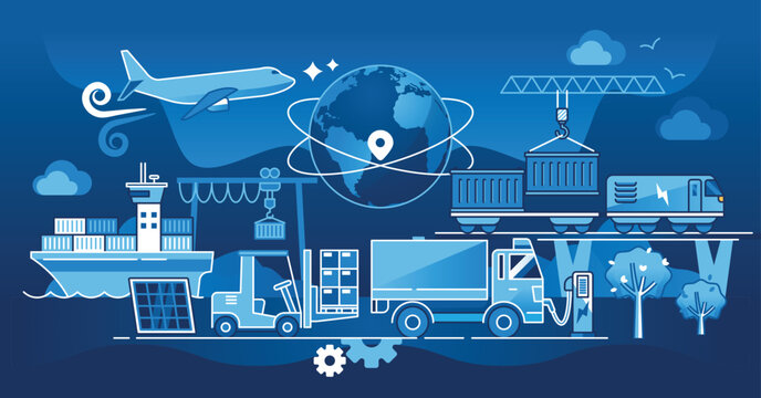 Green transport logistics focuses on eco-friendly methods. Key elements, airplane, truck, ship. Dark theme outline style illustration.