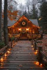 Fototapeta premium A wooden walkway leads to a cabin decorated for Christmas