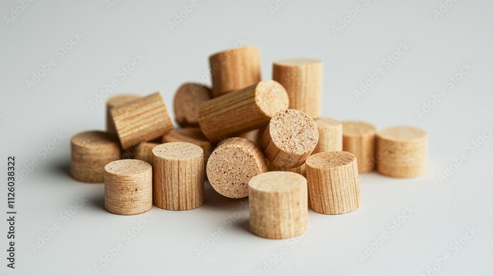 Poster A collection of natural wooden wine corks is artistically arranged on a smooth, light background. The corks' unique shapes and textures create an appealing visual composition perfect for design ideas