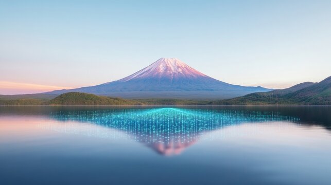 Mount Fuji Reflected in Lake with Digital Data Streams Symbolizing Cybersecurity