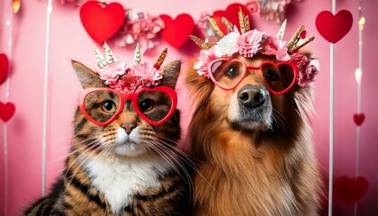 Fototapeta premium A cat and dog wearing flower crowns, posing in front of a Valentine’s Day