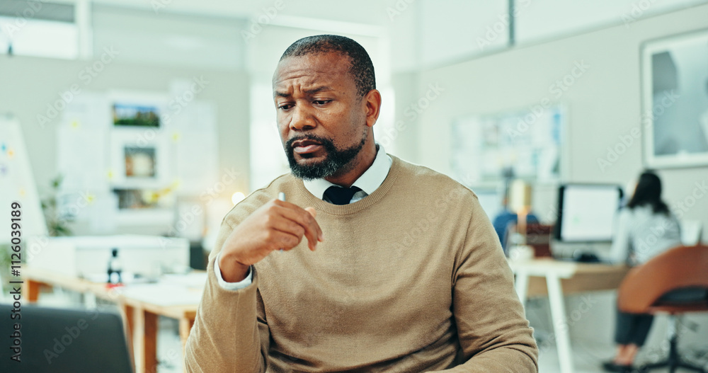 Aufkleber Thinking, planning and laptop with business man in office for design proposal, project management and problem solving. Reflection, solution and brainstorming with person in creative agency for review