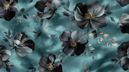 Dark Floral Pattern on Teal Textured Background