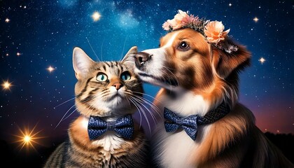 Fototapeta premium A romantic scene of a dog wearing a bow tie and a cat wearing a flower crow