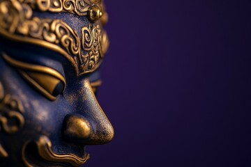 Obraz premium Close-up of intricate blue and gold asian mask against purple background