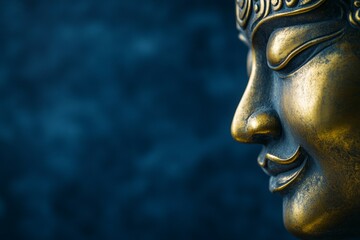 Golden buddha statue on blue background: serene smile and peaceful expression