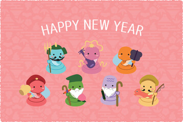 年賀状　年賀状2025　カラフル七福神　背景ピンク