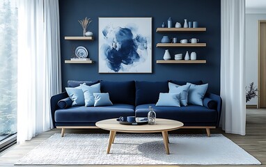 Modern blue living room with sofa, shelves, and abstract art. (1)