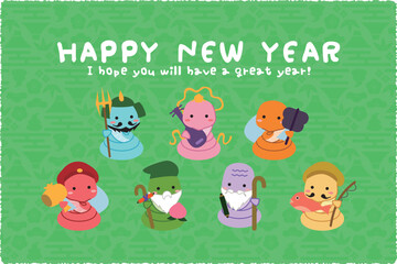 Happy New Year　カラフル蛇　七福神　背景緑
