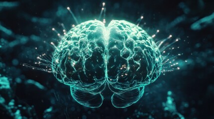 A holographic human brain with a glowing neural network overlay, set against a dark futuristic theme