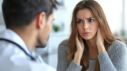 Fototapeta premium Worried young woman speaks to doctor, touching her neck. Illustrates patient anxieties during medical consultation; ideal for healthcare or medical websites.