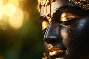 Golden-hued indian deity sculpture with intricate details and peaceful expression