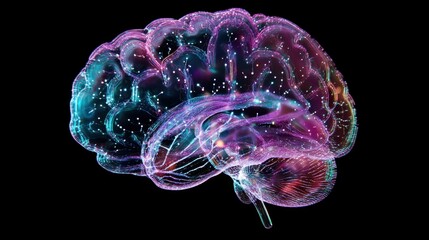 A holographic representation of a human brain with neural networks lighting up dynamically, symbolizing technological innovation