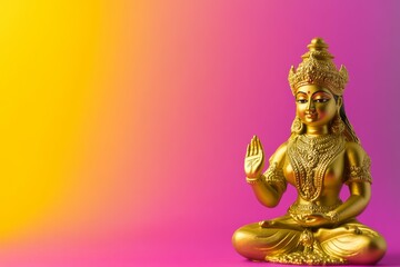 Fototapeta premium Golden hindu goddess statue on vibrant pink and yellow gradient background