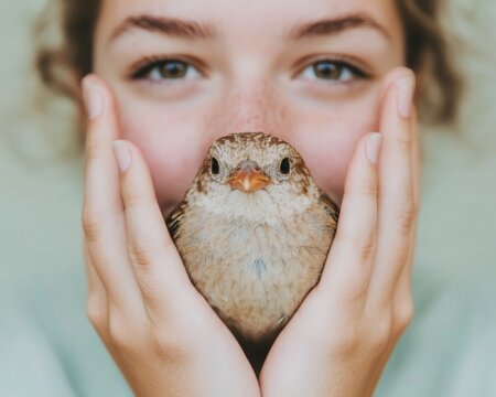 Compassionate Connection Young Woman with Rescued Bird for International Animal Rights Day, Earth Day, and World Kindness Day