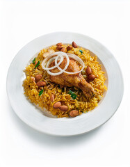 Delicious Chicken Biryani Saffron Rice Aromatic Spices Almonds Onion Rings Indian Cuisine Food