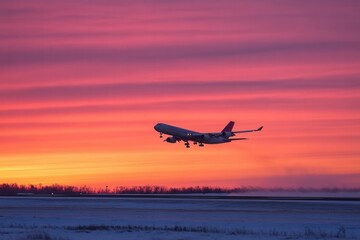 airplane taking off against a colorful sunset sky