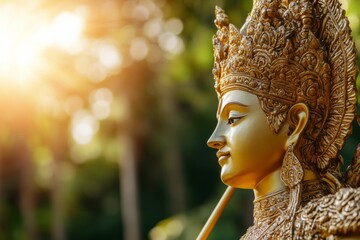 Golden hindu deity statue with intricate details in sunlit garden