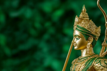 Golden hindu deity statue with ornate crown and green background