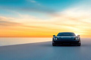 Modern sports car on asphalt road, beautiful background