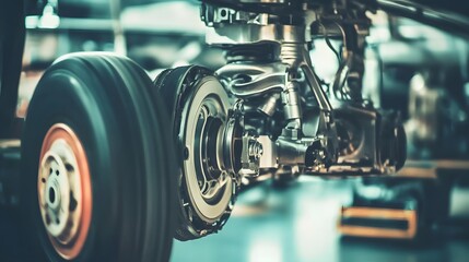 Fototapeta premium Airplane wheel compartment with mechanical components and hydraulic systems, essential for safe landing and takeoff. Precision engineering and aviation safety concepts.