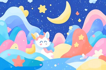 Whimsical Night Sky with Cute Rabbit Creature in Fantastical Landscape