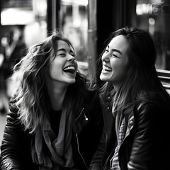 candid moments of laughter black and white AI generative - obrazy, fototapety, plakaty