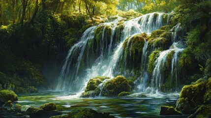 Obraz premium Serene Waterfall in Lush Forest: A Tranquil Escape