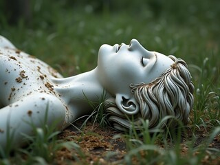 A broken marble statue lying on the ground, its head separated but still detailed, surrounded by overgrown grass