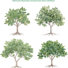 Obraz premium Watercolor Illustration of Lush Green Trees with Roots