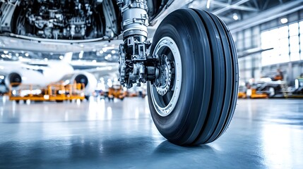 Fototapeta premium Airplane wheel compartment with mechanical components and hydraulic systems, essential for safe landing and takeoff. Precision engineering and aviation safety concepts.