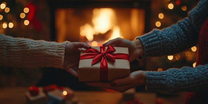 Warm Holiday Gift Exchange Close-Up of Hands Wrapping Present by Fireplace - Powered by Adobe