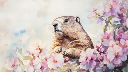 A marmot sits amidst blooming pink cherry blossoms in a watercolor painting, springtime scene.