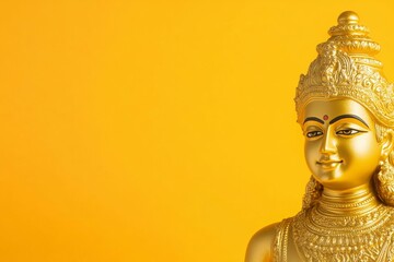 Golden hindu goddess statue with ornate headdress on yellow background