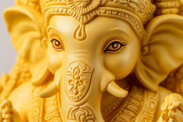 Close-up of intricate yellow ganesha statue with detailed features