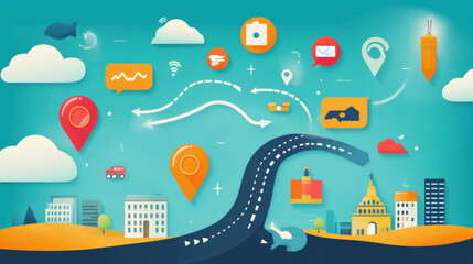 Roadmap infographic with multiple milestones and a winding path, sleek design for business presentations 