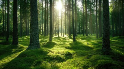 Fototapeta premium Sunlight Filtering Through a Lush Forest