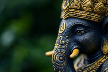Close-up of ganesha statue with intricate gold detailing on dark background