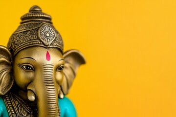 Obraz premium Ornate golden ganesha statue against yellow background