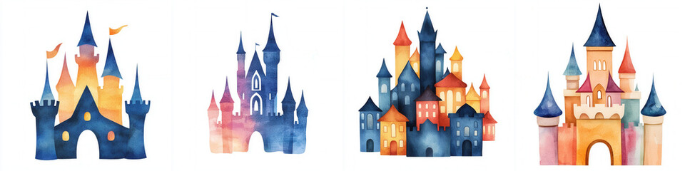 Fototapeta premium Four whimsical castles illustrated in vibrant colors, showcasing various architectural styles and playful details.