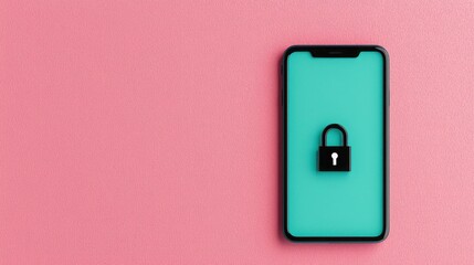 Spam call phone and protection concept. Smartphone with a padlock symbol on a turquoise background.