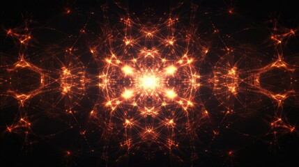 Digital grid representing a neural network with connecting lines and glowing nodes in a symmetrical design, on dark