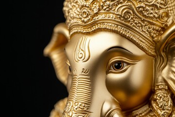 Close-up of golden ganesha statue with intricate details