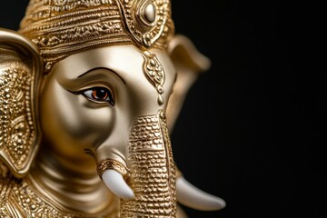 Golden elephant god sculpture with intricate details and reflective finish