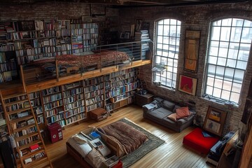 Cozy Loft Library with Rustic Wooden Bookshelves and Sunlit Windows